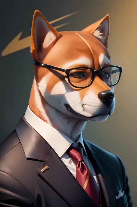 Japanese Shiba Inu with glasses, Formal tie, Bright colors, Powerful 8K realistic fine brush strokes，Bright suit