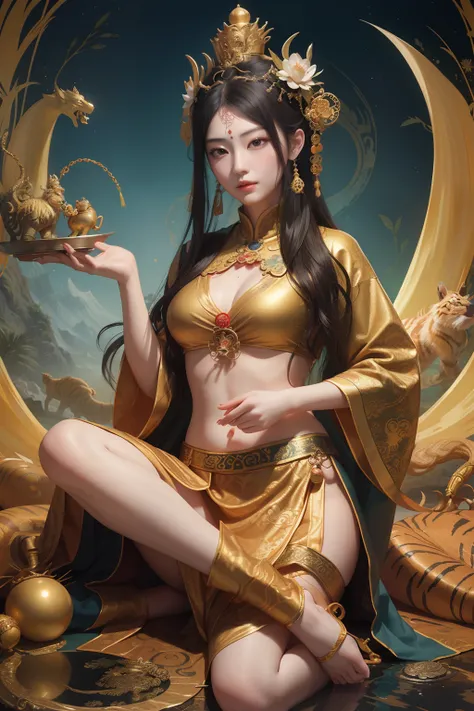 an ancient Chinese goddess, guanyin of the southern seas, Guanyin, Inspired by China, Avalokiteshvara rides a tiger，,Serene expression,shui mo hua,Buddha,Buddhist,Lotus,Chinese painting style,Thangka style