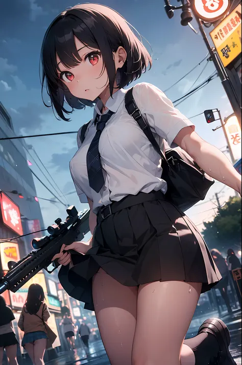 Girl, Dynamic Angle, (Sky:1.6), (Masterpiece, Best Quality, Perspective, Depth of Field: 1.5), Beautiful Face, Thighs, 8K, Absurdity, Kabukicho at Night, HDR, Photorealism, Film Grain, Chromatic Aberration, High Resolution, Ultra Detail, Shadow, Sharp Focu...