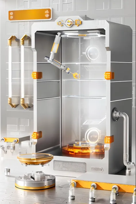 There is a large metal cabinet，There is a clock on it, small chamber. Hyperrealistic, futuristic chemistry lab, sci-fi vending machine, sci-fi vending machine, bubble chamber, concept-art | dyson, product design render, futuristic laboratory, depiction, ac...