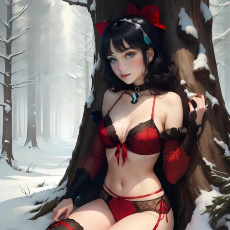 Snow white, tied to a tree, slave collar, blue and red lingerie, forest