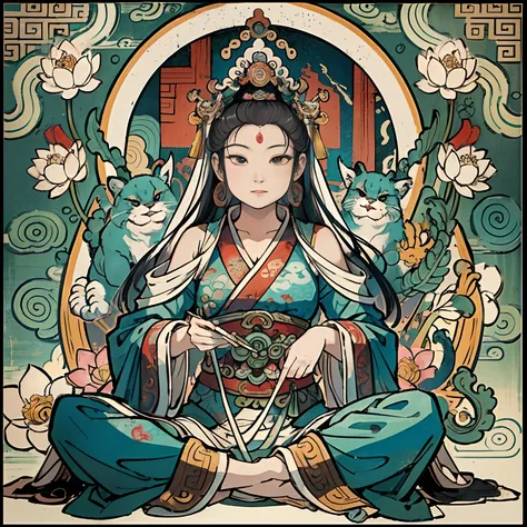 an ancient Chinese goddess, guanyin of the southern seas, Guanyin, Inspired by India, Avalokiteshvara Bodhisattva Lion，,Serene expression,shui mo hua,Buddha,Buddhist,Lotus,Chinese painting style,Thangka style