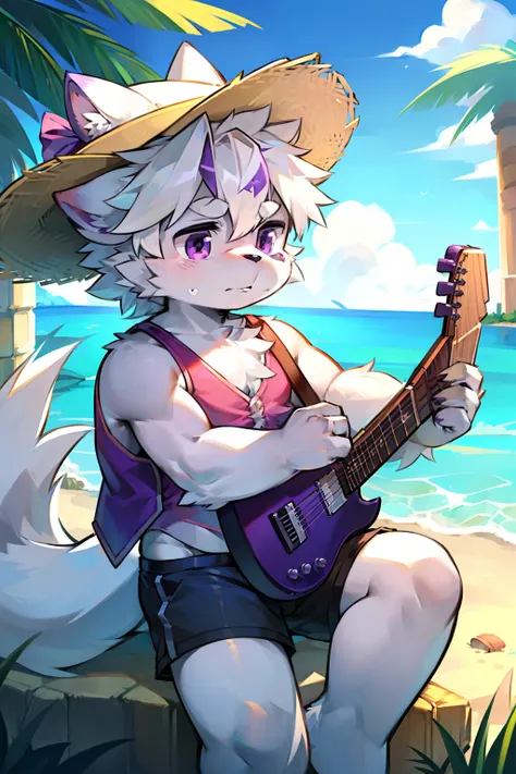 solo person，shaggy male，hairy bodies，shoun，coyote，canid，Gray fur，long  white hair，The ends of the hair are purple，Purple eye，Bullied，adolable，Handsome，large tail，full bodyesbian，plays the guitar，Summer vest，Summer shorts，Straw Hat Hat，freshen，rays of sunsh...