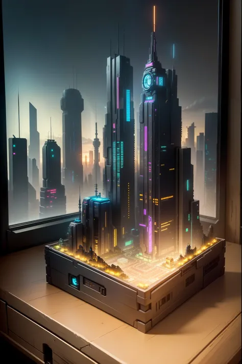 mini(ttp), (8k, RAW photo, best quality, masterpiece:1.4),steampunkcyberpunk city,(cyberpunk light:1.3),on desk,horizon (related to land),(in a miniature box:1.3),isometric, miniature, landscape on foundation,landscape,