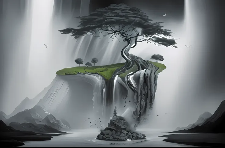 Draw a waterfall，There is a tree on it, 4 k surrealism, Surreal art, hyper-realistic illustration, Superrealisticart, illusion surreal art, surreal dark art, surreal concept art, fantasy surrealism, dark surreal art, surrealist conceptual art, style of sur...