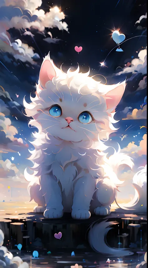 best qualtiy, tmasterpiece, A detailed:1.4, A cute white kitten, Holding a love balloon, The background is blue sky and white clouds。