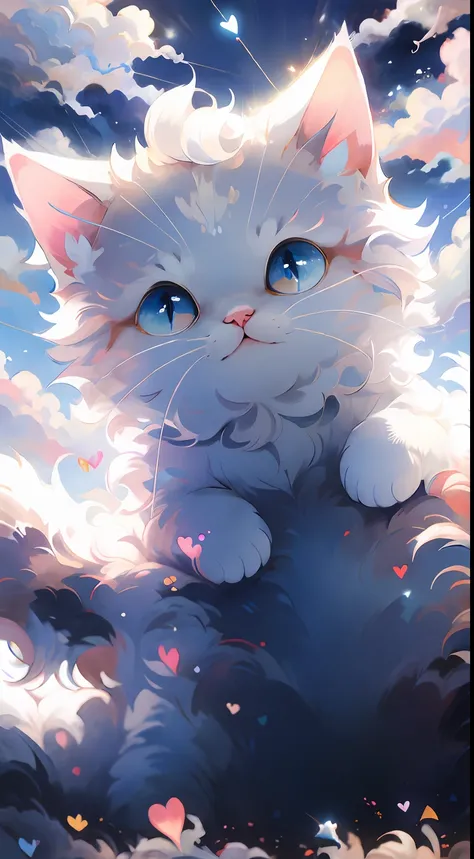 best qualtiy, tmasterpiece, A detailed:1.4, A cute white kitten, Holding a love balloon, The background is blue sky and white clouds。