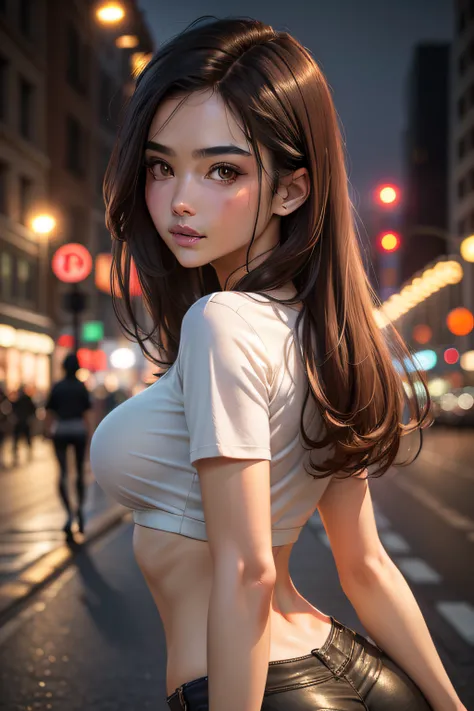 Best quality, High resolution, Masterpiece :1.3, A pretty woman, Slender figure, Dark brown hair, T-shirt, (Street in city at night), Highly detailed face and skin texture, Detailed eyes, Double eyelid