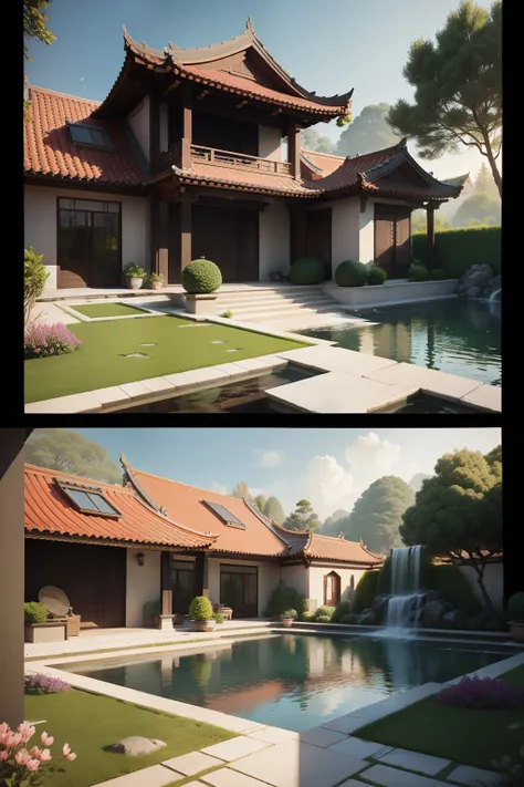 Villa garden，There is a fish pond on one side of the corner，The rockery next to the fish pond flows water，Overall style：Classical Chinese。angle of view：Human perspective，Rendering style：verism style，Combine with the Lumion rendering style