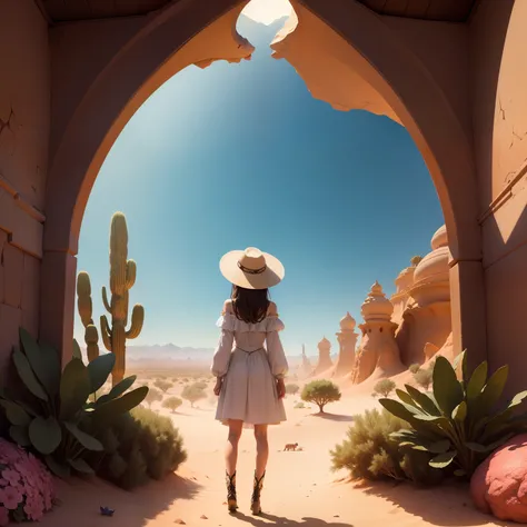 /imagine Other creatures gathered to listen the music of stilla(a girl), transforming the barren desert into a vibrant oasis,she is in the desert ,cartoon style,