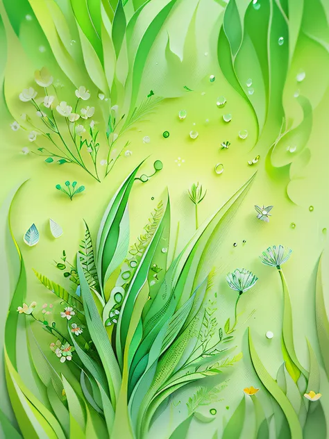 (((Masterpiece))),Best quality, illustration,green color，grassy，dewdrops , Soft light,(warm color:1.2),watercolor paiting, Light background, best quality exquisite details,3D rendering of,rendering by octane, Paper_cut