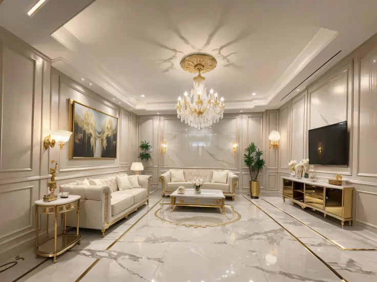 ，masterpiece, best quality，8k, ultra highres，Step into this distinguished living room，Luxurious ornaments are embellished like sparkling gemstones。The cold touch of the marble floor，Furniture with soft suede，It gives a feeling of both nobility and warmth。G...