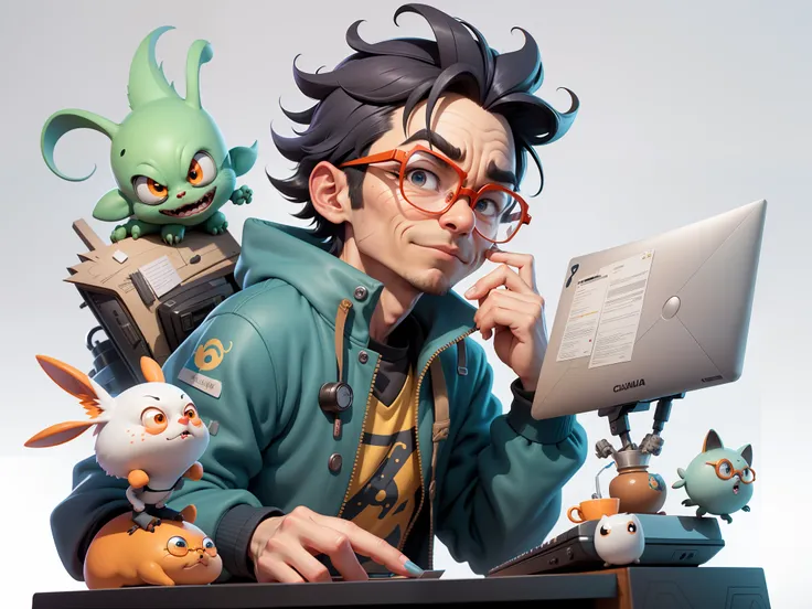 A young man with glasses sits at his desk，holding laptop，digitial painting，3D character design by Mark Clairen and Pixar and Hayao Miyazaki and Akira Toriyama，4K HD illustration，Very detailed facial features and cartoon-style visuals。