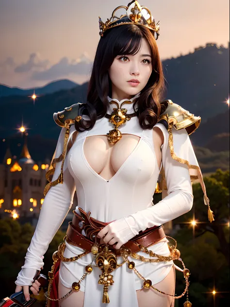 (masutepiece), Professional , ​masterpiece、top-quality、photos realistic , depth of fields （Gemstone Silver Metal Body:1.９),(Matte White、Particles of light、Jewel Gold Weapon、（Gorgeous castle background）、（Jewel Metal Body:1.４),Gorgeous Jewel Metal Weapons , ...