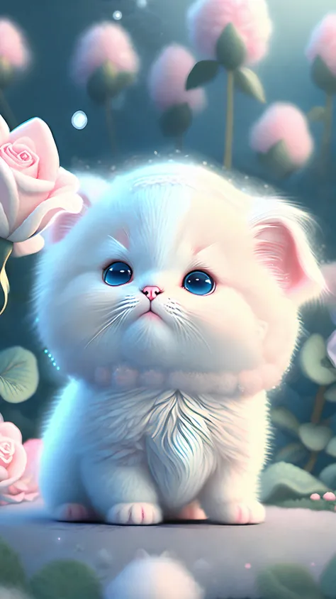 In this ultra-detailed CG art, cute kittens surrounded by ethereal roses, laughter, best quality, high resolution, intricate details, fantasy, cute animals, left, funny, left!! Mouth!!! Laugh!!!