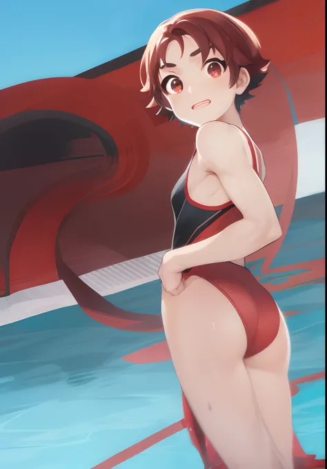 Anime boy in swimsuit standing in pool, wearing a swimming wear, Swimsuit, Makoto, Boy with short red hair, !!Full body portrait!!, Anime boy in black and red tanksuit, Muscular men, marin kitagawa fanart, garments:High-cut swimwear, Male protagonist , at ...