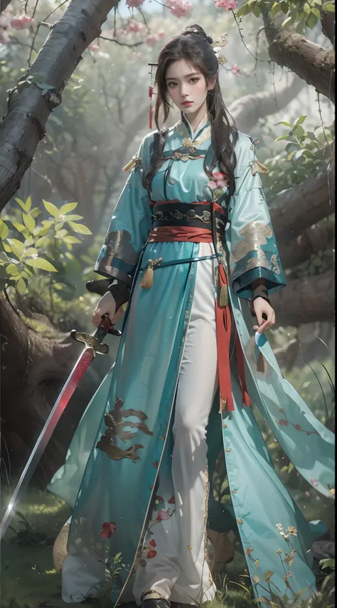 Best quality, Masterpiece, (Photorealistic:1.4), 1girll，Wearing ancient Chinese clothing，swordsman，Sword in hand，sword sheath，Sword hilt，Woods background，best qualtiy，A masterpiece，8K，unreal 5 render