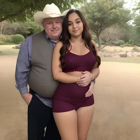 25-year-old girl in red lingerie hugging her partner, 59-year-old half-fat man in a casual suit in a hotel room, (full body)