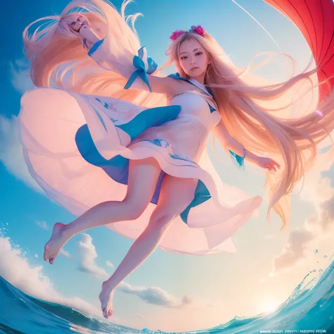 long shot of cute lady, looking at the camera viewed from below, with wavy long blonde hair, parachuting down holding a giant Chinese lantern floating down form a sunny summer day sky to watch the pink sunset, as she lightly touches down in the shallow cle...