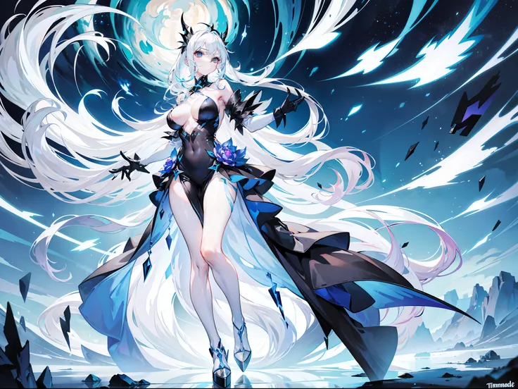 Beautiful girl with white hair，Tall and tall，Slim figure，Poor milk，Wearing a black dress，high-heels，Master Thunderbolt，Holding a cloud of blue thunderbolts in his hand，Fly in a wonderland of lightning and thunder，Behind him is a lot of lightning，Lightning ...