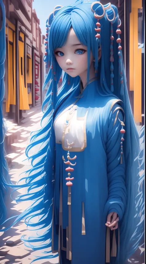 Lingxier，Blue-haired girl，Blue long hair，Delicate face，Wave goodbye