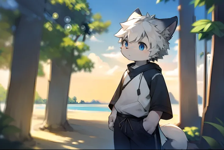 author：Jrjresq, author：Kirito, Libido boy, furry wolf, Shota, Black and white hair, Very good figure, Handsome, adolable, Light：Hazy light and shadow, Reflective skin, Reddish skin, worn-out clothing，Commoner, beachside，standing on the rock，sandbeach，solo ...