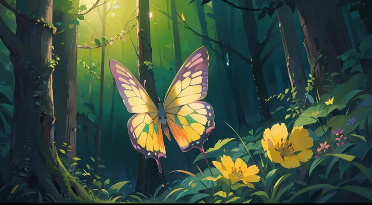 (masterpiece), best quality, ultra high res, sharp focus, long shot, a yellow butterfly lost in the forest, (at night time:1.2), (cool pastel tone), anime ghibli style