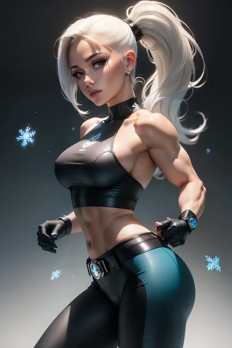 ariana grande as a superheroine, has ice powers, white hair ponytail, back midriff with blue outlines and a snowflake symbol on ...