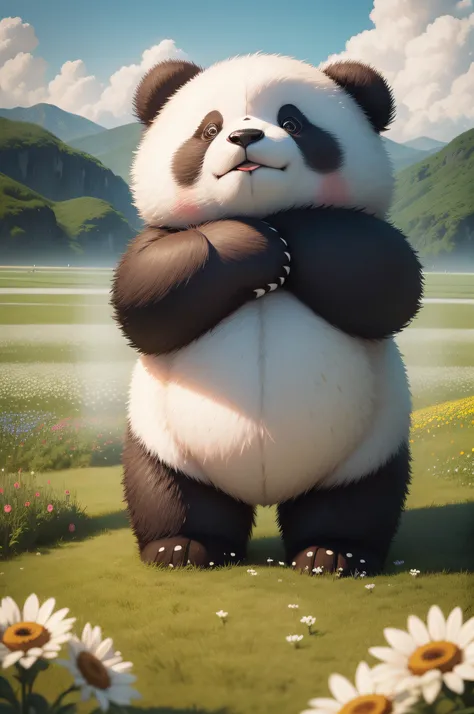 A very hyper-huge stuffed panda bear walks through a field of flowers, Rindo. Top view. Close-up. muitos detalhes. super realistic, cinemactic, estilo dos desenhos animados. Nuvens desfocadas de fundo,heaven, sol. Clear mist.