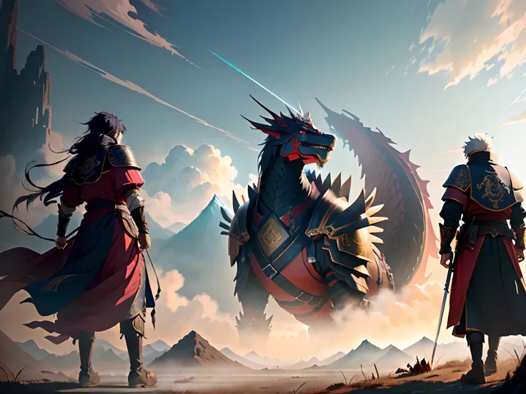 Two people standing in front of the dragon statue, Bloody sky，Dark style，Epic fantasy digital art style, The generals of the Qin state wore heavy armor，Carry a large sword,Meet the Hmong shaman,Fight to the death in a dense forest where thousands of people...