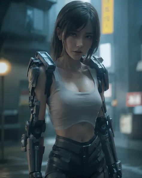 tifa_lockhart, (final_fantasy), cinematic colorgrading film, dramatic scene, photography, RAW, Masterpiece, ultra wide angle, walking on the cyberpunk cityscapes, Ultra Fine Photo, (cyborg arms:1.3), medium breast, Best Quality, Ultra High Resolution, Phot...