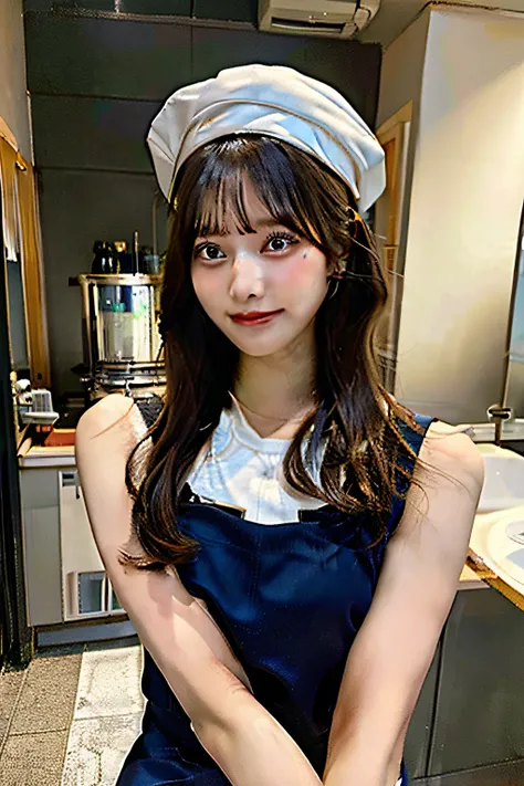 A woman cooking、(kitchin_aprons:1.Wear 3)、nice hand、4K、A high resolution、tmasterpiece、top-quality、wear cap:1.3、((hasselblad photograph))、Fine skin、foco nítido、(lighting like a movie)、Soft lighting、dynamic ungle、[:(详细的脸:1.2):0.2]、Medium chest、Sweat runs dow...