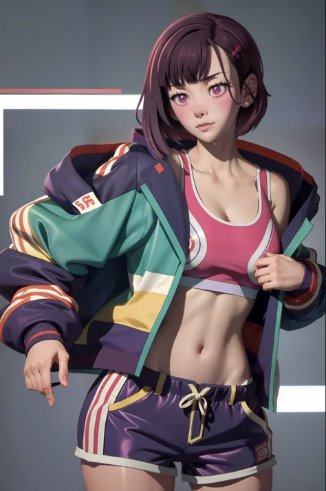 1girl, Mikazuki Shizuka, solo, short hair, sports bra, jacket(unzipped), shorts, legs, soft skin, looking at viewer, soft background, short hair, simple background, two side up, hair clip, purple eyes, lips, closed mouth, hair clip, hair bangs, bangs, clea...