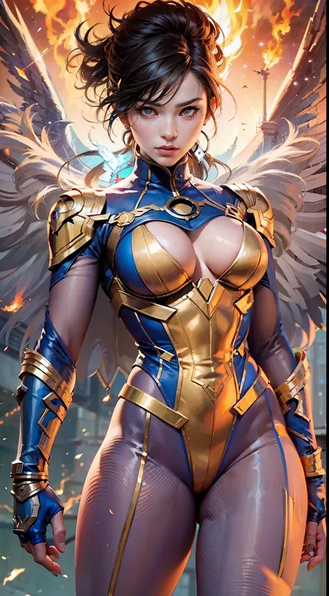 Marvel Fantastic Four， The female version of Thunderfire，Fly in the sky，angry look，The whole body emits flames，flame magic，A fire ignited on the body🔥，Mixed Chinese and American races，The background is blurred out，focal，电影灯光，(((tmasterpiece))), ((best qual...