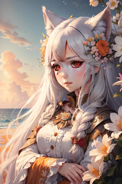 Masterpiece, Best quality, Ultra-detailed, illustration, Detailed orange eyes, 1girll, Long white hair, Wolf tail，Wolf ears，A sea of flowers full of spring atmosphere, Beautiful sky