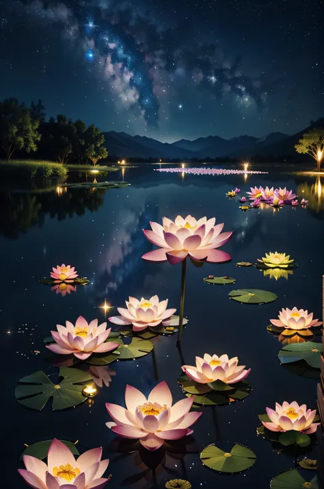 best quality, masterpiece, (realistic:1.2), lotus flower, glowing, in the night sky, full of stars, very detail, ultra-high resolution, ultra-high quality,