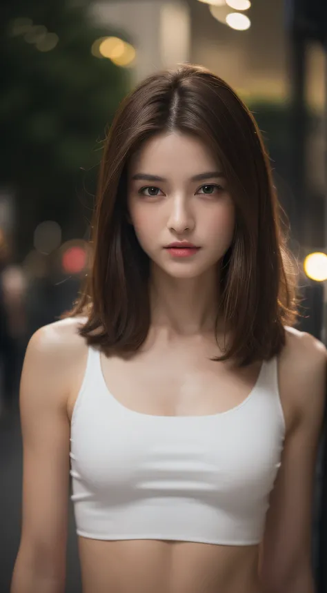 ((Realistic lighting, Best quality, 8K, Masterpiece: 1.3)), Clear focus: 1.2, 1girl, Perfect Figure: 1.4, Slim Abs: 1.1, ((Dark brown hair)), (White crop top: 1.4), (Outdoor, Night: 1.1), City streets, Super fine face, Fine eyes, Double eyelids,