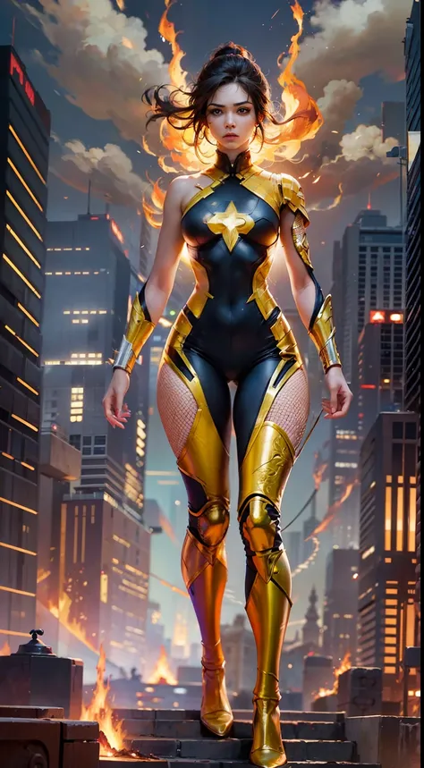 Marvel Fantastic Four， The female version of Thunderfire，Fly in the sky，angry look，The whole body emits flames，flame magic，A fire ignited on the body🔥，Mixed Chinese and American races，The background is blurred out，focal，电影灯光，(((tmasterpiece))), ((best qual...