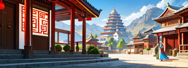 An image of Arafad in front of a house with a woman dressed in traditional Chinese dress, Temple background, town center background, town background, palace background, game assets, Mobile game art, tavern background, Mobile game background, ingame image, ...