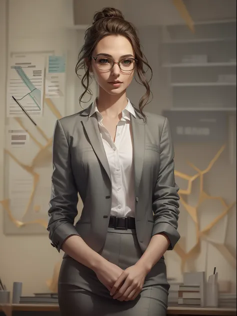 a beautiful young woman [Gald Gadot:Maude adams:0.98] exuding an air of confidence and intellect in a sleek modern office space beside a complex financial chart on the wall, you can feelher analytical mind at work, straight in the camera gaze, slightly smi...