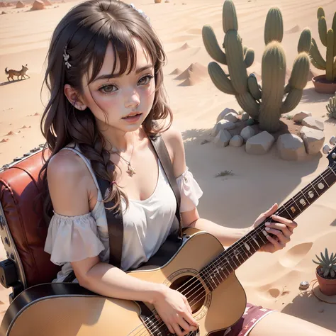 Stella realized her song brought not just joy, but togetherness too, she is in the desert , sitting position(hold a guitar,some desert plants near her,some desert animal also, cartoon style,