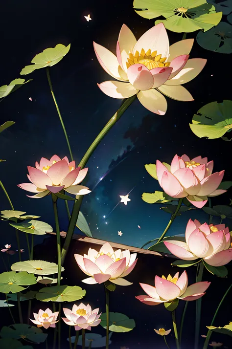 best quality, masterpiece, (realistic:1.2), lotus flower, hundred petals, glowing, in the night sky, full of stars, very detail, ultra-high resolution, ultra-high quality,