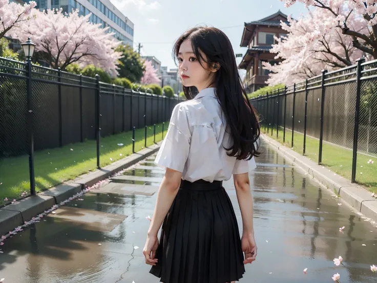 masterpiece, best quality, 1girl, black skirt, branch, building, chain-link fence, cherry blossoms, fence, long hair, outdoors, petals, pleated skirt, rain, shirt, short sleeves, skirt, solo, standing, tree, sky,street，detail in face，Back of hand to back