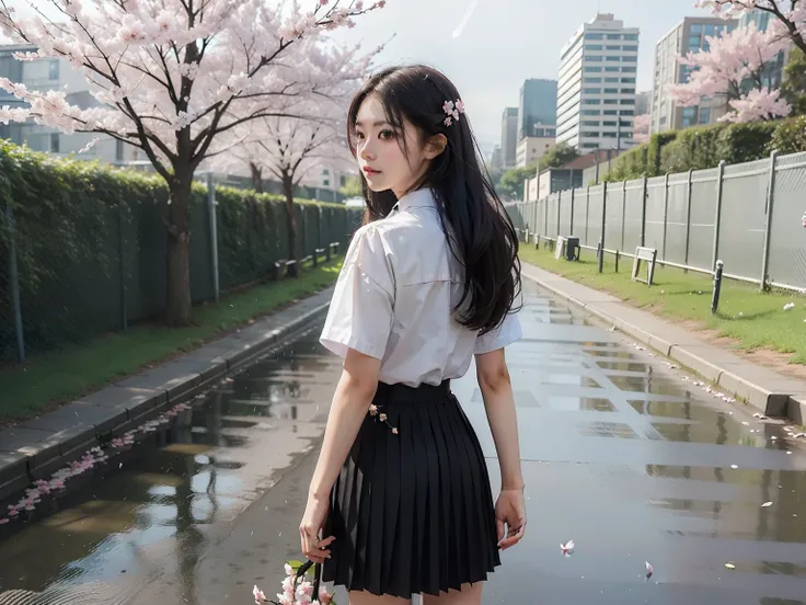 masterpiece, best quality, 1girl, black skirt, branch, building, chain-link fence, cherry blossoms, fence, long hair, outdoors, petals, pleated skirt, rain, shirt, short sleeves, skirt, solo, standing, tree, sky,street，detail in face，Back of hand to back