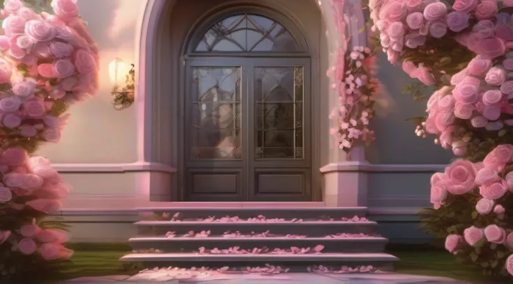 There is a clump of pink roses outside the house，Beautiful and aesthetic，with soft pink colors，Beautiful beauty，Roses in movie lights，Lush flowers outdoors，Natural and floral aesthetics，portal made of roses，Fantastic aesthetics，masterpiece:1.6, best qualit...