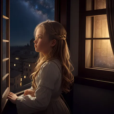 Theres a young woman staring out a window at the night sky, window for the night time, olhando na janela, girl looks at the space, olhando pela janela, luz da janela, Noite de Sonho, inspirado em Evgeny Lushpin, A menina no peitoril da janela, inspirado em...