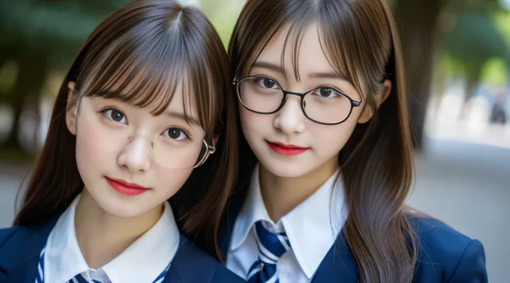 ((best quality, 8k, masterpiece: 1.3)), sharp focus: 1.2, beautiful Japanese schoolgirl with perfect body: 1.4, ((one girl)), wearing glasses, girl with glasses, small face, ( Smooth long hair, light brown hair, ), Japanese school girl, summer clothes, nav...