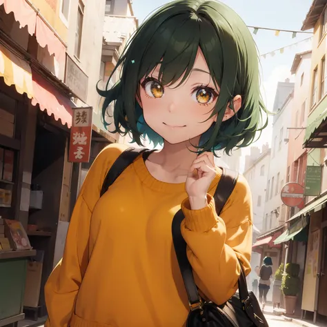 Short Green Hair Girl Orange Eyes Sweater Yellow Cute Adorable Smile