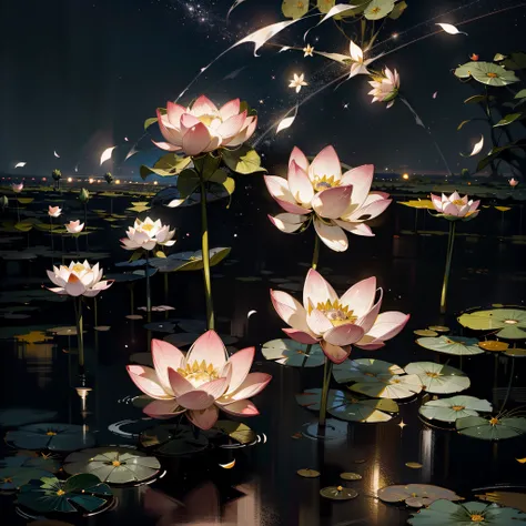 best quality, masterpiece, (realistic:1.2), lotus flower, hundred petals, glowing, in the night sky, full of stars, very detail, ultra-high resolution, ultra-high quality,