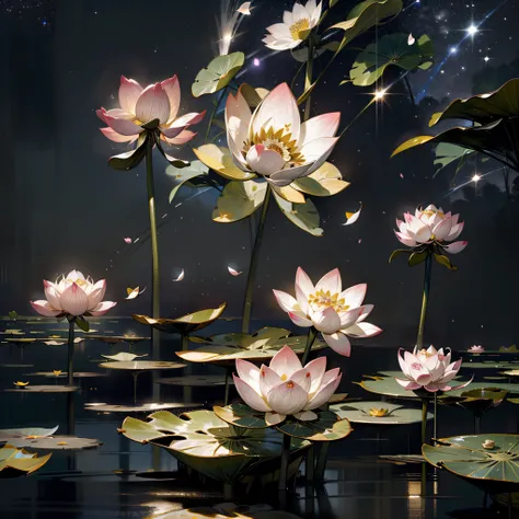 best quality, masterpiece, (realistic:1.2), lotus flower, hundred petals, glowing, in the night sky, full of stars, very detail, ultra-high resolution, ultra-high quality,